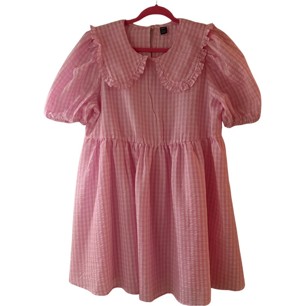 SHEIN Pink Gingham Dress with Peter Pan Collar & Puff Sleeves